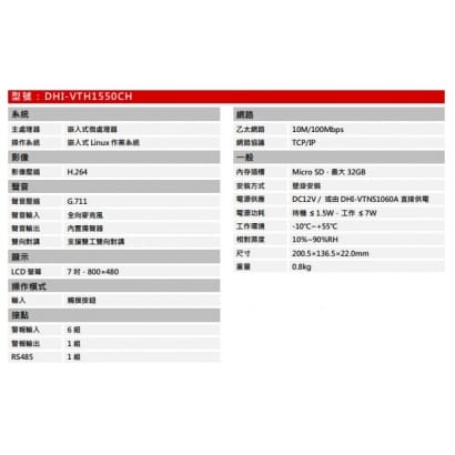 大華 DHI-VTH1550CH 7吋 觸控式保全影像網路室內機