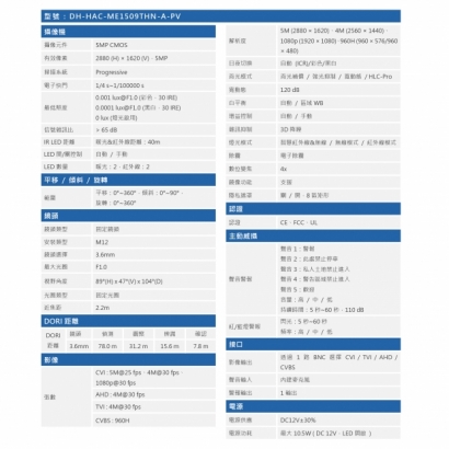 大華 DH-HAC-ME1509THN-A-PV 500萬 智慧雙光警報聲音槍型攝影機規格