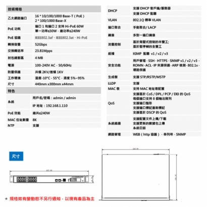 聲寶 PFSC4328-16GT24 16埠 PoE 網路交換器