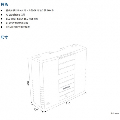 AVTECH 陞泰 DGS8221GE 防水戶外型 PoE 網路交換機
