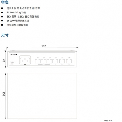 AVTECH 陞泰 DGS4200PE 4xFE PoE+2xFE PoE網路交換機
