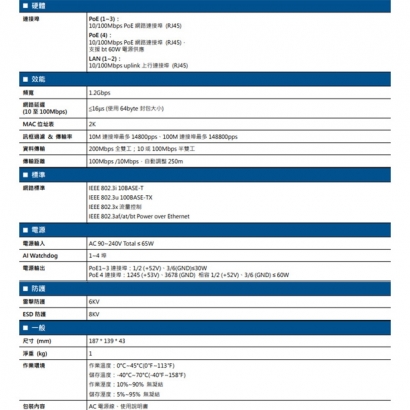 AVTECH 陞泰 DGS4200PE 4xFE PoE+2xFE PoE網路交換機