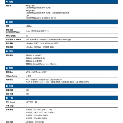 AVTECH 陞泰 DGS8100PE 8xFE PoE+1xFE PoE網路交換機
