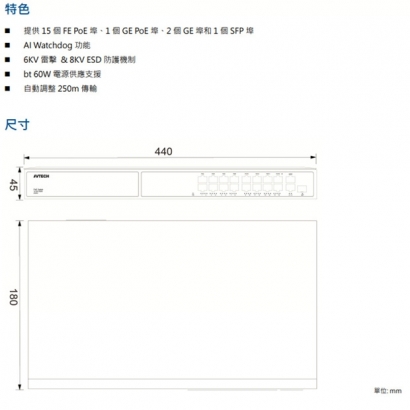 AVTECH 陞泰 DGSF210PE 15xFE PoE埠 PoE網路交換機