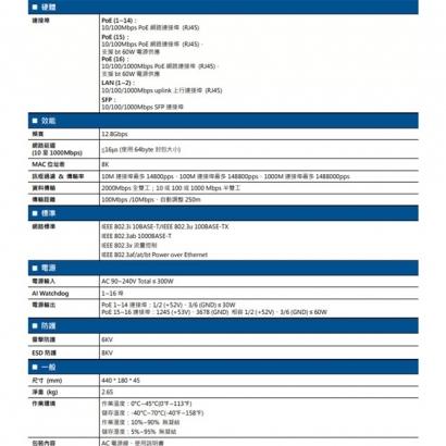 AVTECH 陞泰 DGSF210PE 15xFE PoE埠 PoE網路交換機