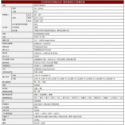 LILIN 利凌 AHD774AX4.2 400萬畫素 日夜兩用 AHD 變焦鏡頭紅外線攝影機