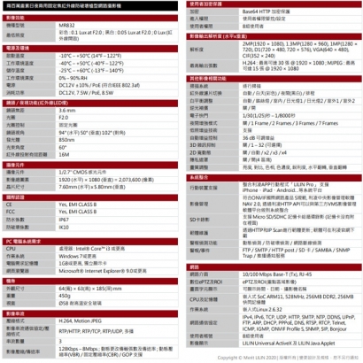 LILIN 利凌 MR832 200萬畫素 固定焦紅外線防破壞槍型網路攝影機
