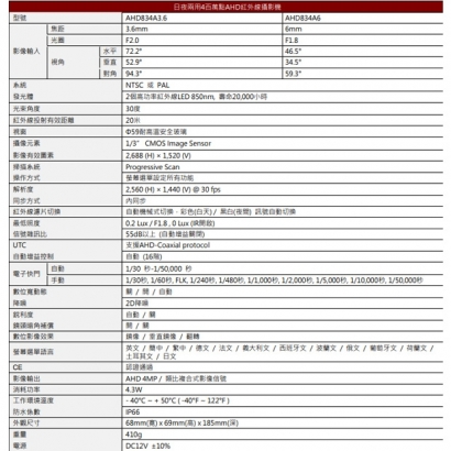 LILIN 利凌 AHD834A3.6 400萬畫素 AHD 日夜兩用紅外線攝影機