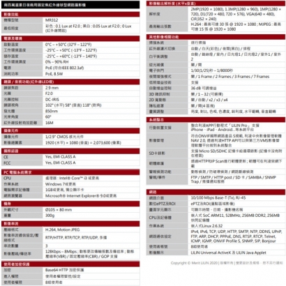 LILIN 利凌 MR312 200萬畫素 日夜兩用固定焦紅外線球型網路攝影機