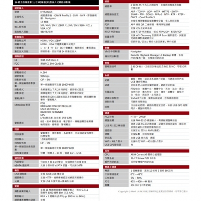 LILIN 利凌 NVR3416R 16路 500萬畫素 1U 19吋機櫃(架)型嵌入式網路錄影機
