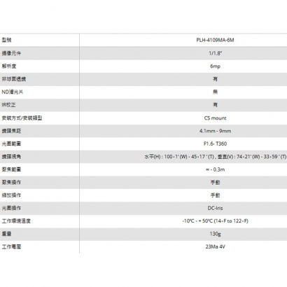 LILIN 利凌 PLH-4109MA-6M 4.1-9mm, 6MP 鏡頭