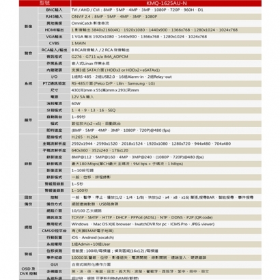 ICATCH可取 KMQ-1625AU-N 5MP H.265 16路 數位錄影主機