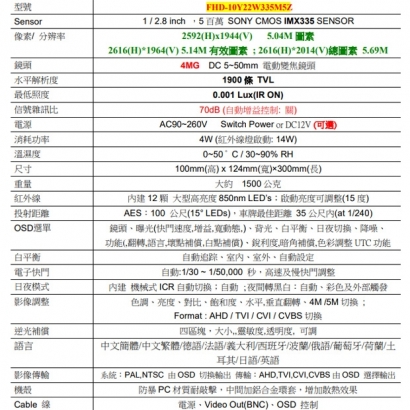 FHD-10Y22W335M5Z 500萬像素 雙車道紅外線車牌攝影機