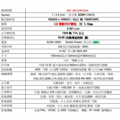 IPC-10Y22W291Z 1080P 10X電動同步變焦紅外線網路車牌攝影機