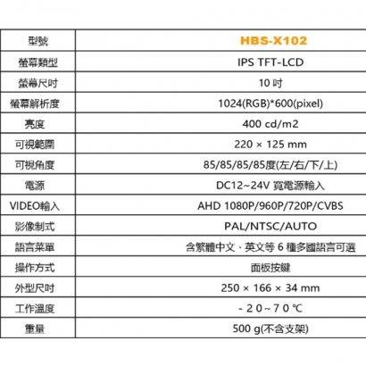 HBS-X102 10吋AHD輸入液晶顯示器