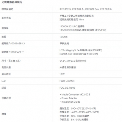 TP-LINK MC210CS V4 Gigabit 乙太網路媒體轉換器(單模)