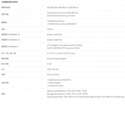 TP-LINK MC210CS V1 Gigabit 乙太網路媒體轉換器