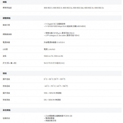 TP-LINK FC311A-20 (TL-FC311A-20) Omada Gigabit WDM 乙太網路轉光纖轉換器