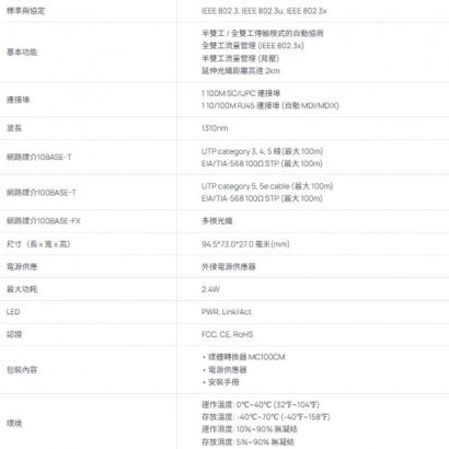 TP-LINK MC100CM V5 10/100Mbps 乙太網路轉光纖轉換器(多模)
