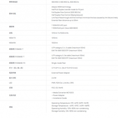 TP-LINK MC112CS V1 WDM 快速乙太網路媒體轉換器