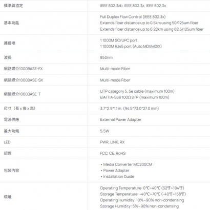 TP-LINK MC200CM V1 Gigabit 乙太網路轉光纖轉換器(多模)