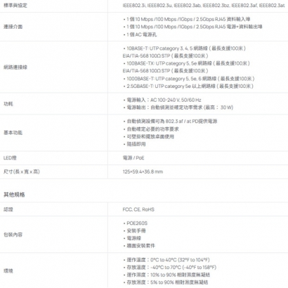TP-LINK POE260S (TL-POE260S) 2.5G PoE+ 電源供應器/注入器