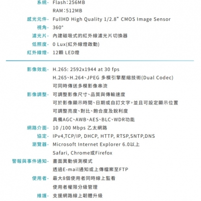 VACRON VIN-DS783E-E6 5MP 360度全景魚眼攝影機