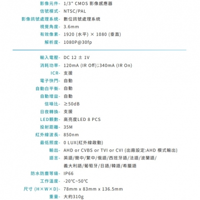 VACRON VCF-5768H 1080P AHD紅外線攝影機