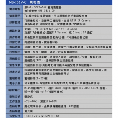 MS-I61V-C 7吋(IP)觸控式對講保全室內機