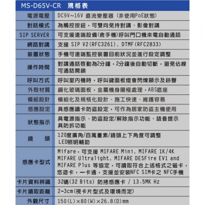 MS-D65V-CR 影視對講防盜門禁門口機