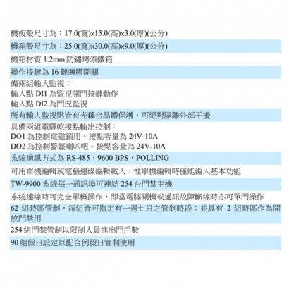 TW-986PRN 感應式門禁控制器