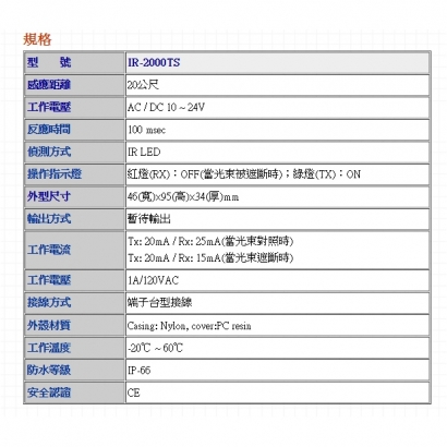 IR-2000TS 單軌對照式紅外線偵測器 20米 黑色