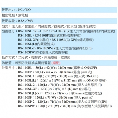 RS-110SL(L) 內藏燈號型 埋入ON/OFF燈號