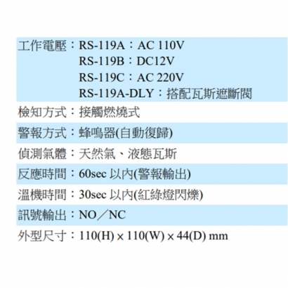 RS-119A  AC 110V 瓦斯偵測器