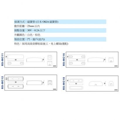RS-MC16 外露式磁簧開關 外露出線設計