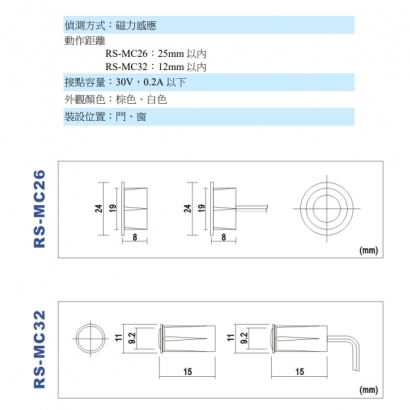 RS-MC26 隱藏式磁簧開關 適用於門、窗
