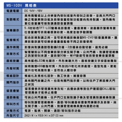 MS-I03V 彩色影視對講室內機-透天型