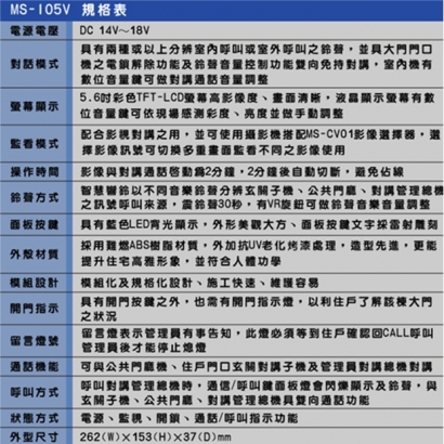 MS-I05V 彩色影視對講室內機-大樓型