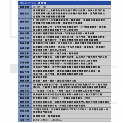 MS-I05V-CA 彩色影視對講防盜報警室內機-大樓型