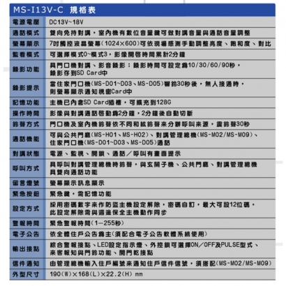 MS-I13V-C 一代 7吋免持觸控式影視對講室內機(大樓型)