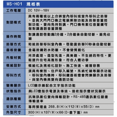 MS-H01 數位對講門口機