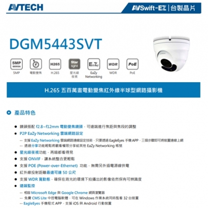 AVTECH 陞泰 DGM5443SVT H.265 五百萬畫素電動變焦紅外線半球型網路攝影機