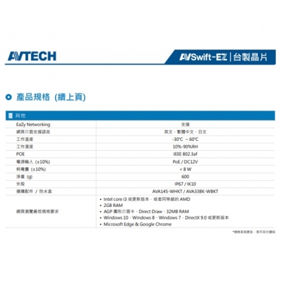 AVTECH 陞泰 DGM2303SVT H.265 兩百萬畫素紅外線半球型網路攝影機