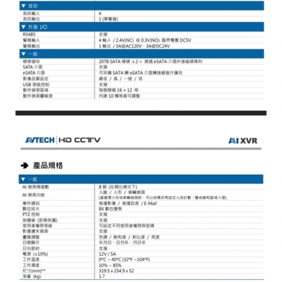 AVTECH 陞泰 DGD2017AIX(US)-U1 AI 智慧偵測五合一 16 路 XVR