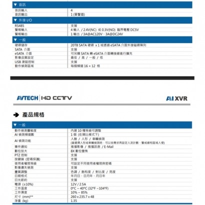 AVTECH 陞泰 DGD1009AIXI(US)-U1 AI 智慧偵測五合一 8 路 XVR