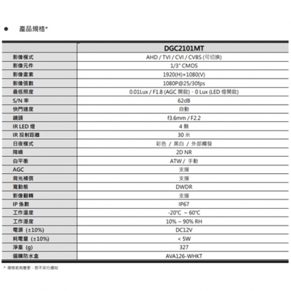 AVTECH 陞泰 DGC2101MT 2MP 4合1 紅外線槍型攝影機