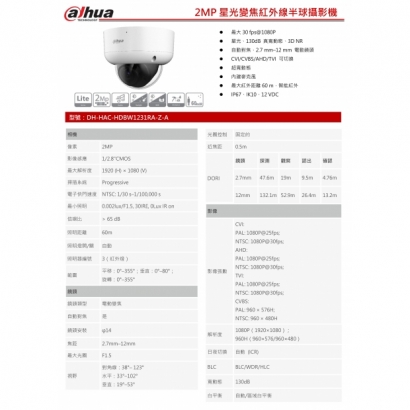 大華dahua DH-HAC-HDBW1231RA-Z-A 2MP星光HDCVI 紅外半球攝影機1.jpg