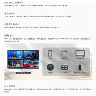 HM44-4K6G 4K60Hz 4x4 HDMI 無縫矩陣切換器（支援電視牆與多畫面功能）