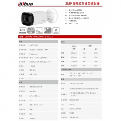 大華dahua DH-HAC-HFW1200RN-Z-IRE6-A 2MP HDCVI 紅外槍型攝影機1.jpg