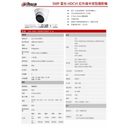 大華dahua DH-HAC-HDW1500T-Z-A 5MP 星光 HDCVI 紅外線半球型攝影機1.jpg